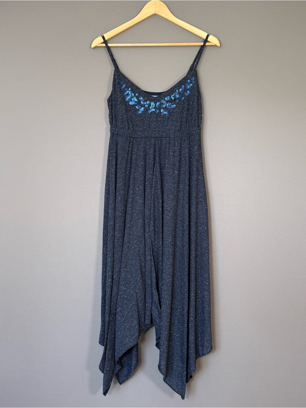 Simply Vera Wang Y2K Sequin Handkerchief Hem Linen Blend Midi Dress Navy Heather
